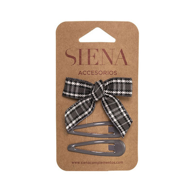 Pack con lazo de cuadritos y 2 clips lisos Siena - Gris Oscuro- Dark Grey