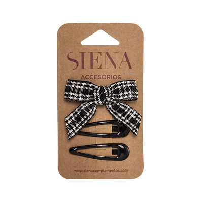 Pack con lazo de cuadritos y 2 clips lisos Siena - Negro- Black