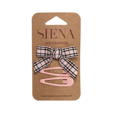 Pack con lazo de cuadritos y 2 clips lisos Siena - Rosa Francia- Antique Pink