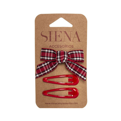 Pack con lazo de cuadritos y 2 clips lisos Siena Rojo- Red